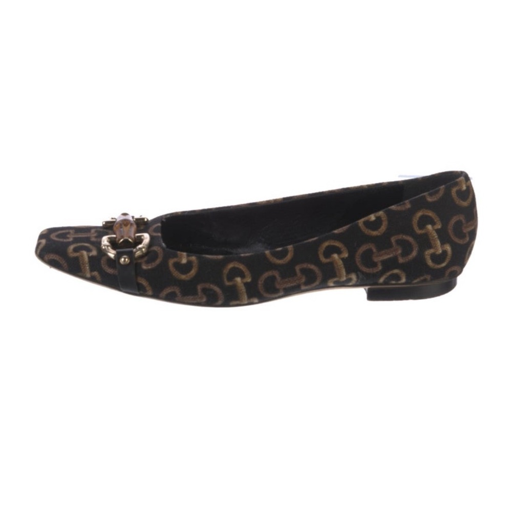 Vintage Gucci Black and Brown Bamboo Accent Canvas Flats